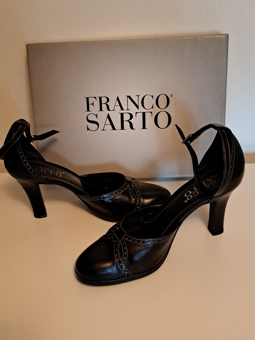 Franco Sarto Black Leather Ankle-Strap Heels with Stitch Detail
